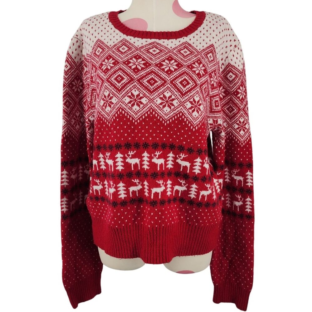 Women's Prince & Fox Winter Christmas Sweater Red White XL Reindeer Tree Snow